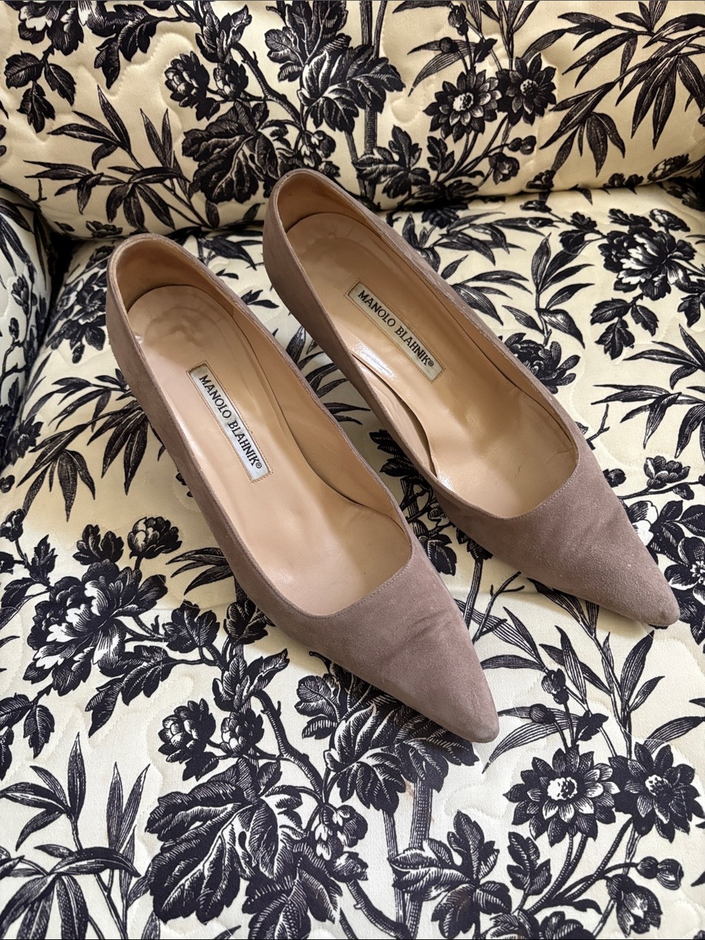 Manolo Blahnik Taupe Suede Pointed Toe Pumps